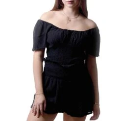EnKay Women's Cropped Off-Shoulder Smocked Top -Wrangler || Ariat || ROPER Sales Store N960 Top Black N959 Shorts Black 1240