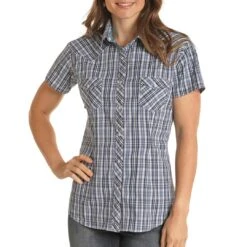 Rough Stock Women's Short Sleeve Plaid Print Snap Shirt