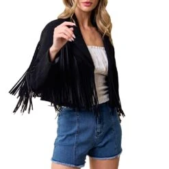Saints & Hearts Women's Fringe Suede Cropped Jacket -Wrangler || Ariat || ROPER Sales Store SAI SIJ1011C BLACK 16