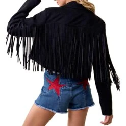 Saints & Hearts Women's Fringe Suede Cropped Jacket -Wrangler || Ariat || ROPER Sales Store SAI SIJ1011C BLACK 2