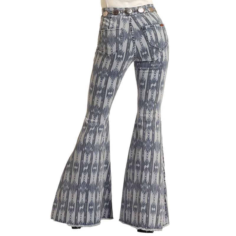 Rock & Roll Denim Women's High Rise Extra Stretch Aztec Print Bell Bottom Jeans 3 Rock & Roll Denim Women's High Rise Extra Stretch Aztec Print Bell Bottom Jeans
