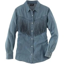 Wrangler Women's Fringe Front Denim Snap Shirt 12 Wrangler Women's Fringe Front Denim Snap Shirt -Wrangler || Ariat || ROPER Sales Store img12299 wrangler women s fringe front denim snap shirt