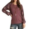 Panhandle Women's Paisley Sleeve Waffle Knit Shirt -Wrangler || Ariat || ROPER Sales Store img16029 panhandle women s paisley sleeve waffle knit shirt