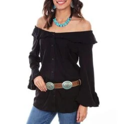 Scully Women's Off Shoulder Button-Down Blouse -Wrangler || Ariat || ROPER Sales Store img23286 scully women s off shoulder button down blouse