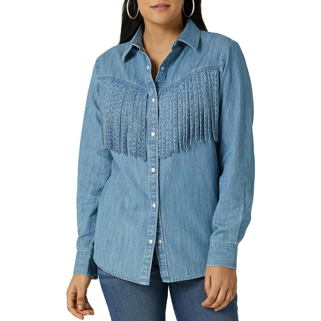 Wrangler Women's Fringe Front Denim Snap Shirt 3 Wrangler Women's Fringe Front Denim Snap Shirt
