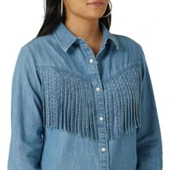 Wrangler Women's Fringe Front Denim Snap Shirt 10 Wrangler Women's Fringe Front Denim Snap Shirt -Wrangler || Ariat || ROPER Sales Store img57923 wrangler women s fringe front denim snap shirt