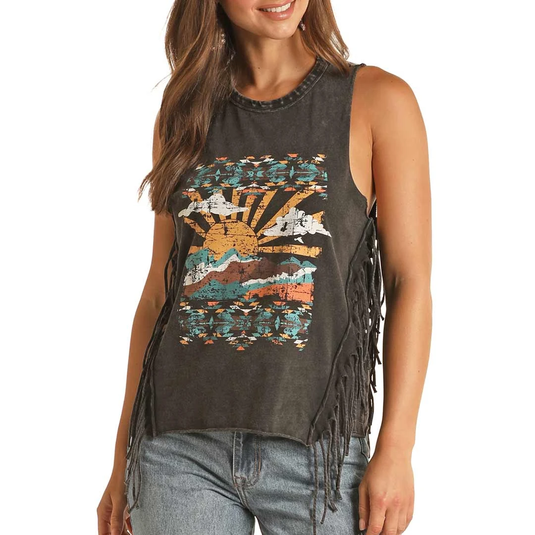 Rock & Roll Cowgirl Women's Desert Scene Fringe Tank Top 3 Rock & Roll Cowgirl Women's Desert Scene Fringe Tank Top