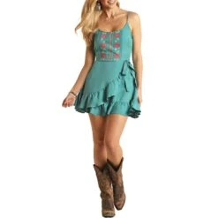 Rock & Roll Cowgirl Women's Floral Embroidered Wrap Mini Dress 7 Rock & Roll Cowgirl Women's Floral Embroidered Wrap Mini Dress -Wrangler || Ariat || ROPER Sales Store rock roll cowgirl women s floral embroidered wrap mini dress