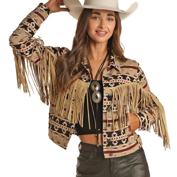 Rock & Roll Cowgirl Women's Fringe Aztec Cropped Jacket 3 Rock & Roll Cowgirl Women's Fringe Aztec Cropped Jacket