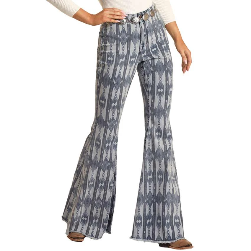 Rock & Roll Denim Women's High Rise Extra Stretch Aztec Print Bell Bottom Jeans 5 Rock & Roll Denim Women's High Rise Extra Stretch Aztec Print Bell Bottom Jeans - Image 3