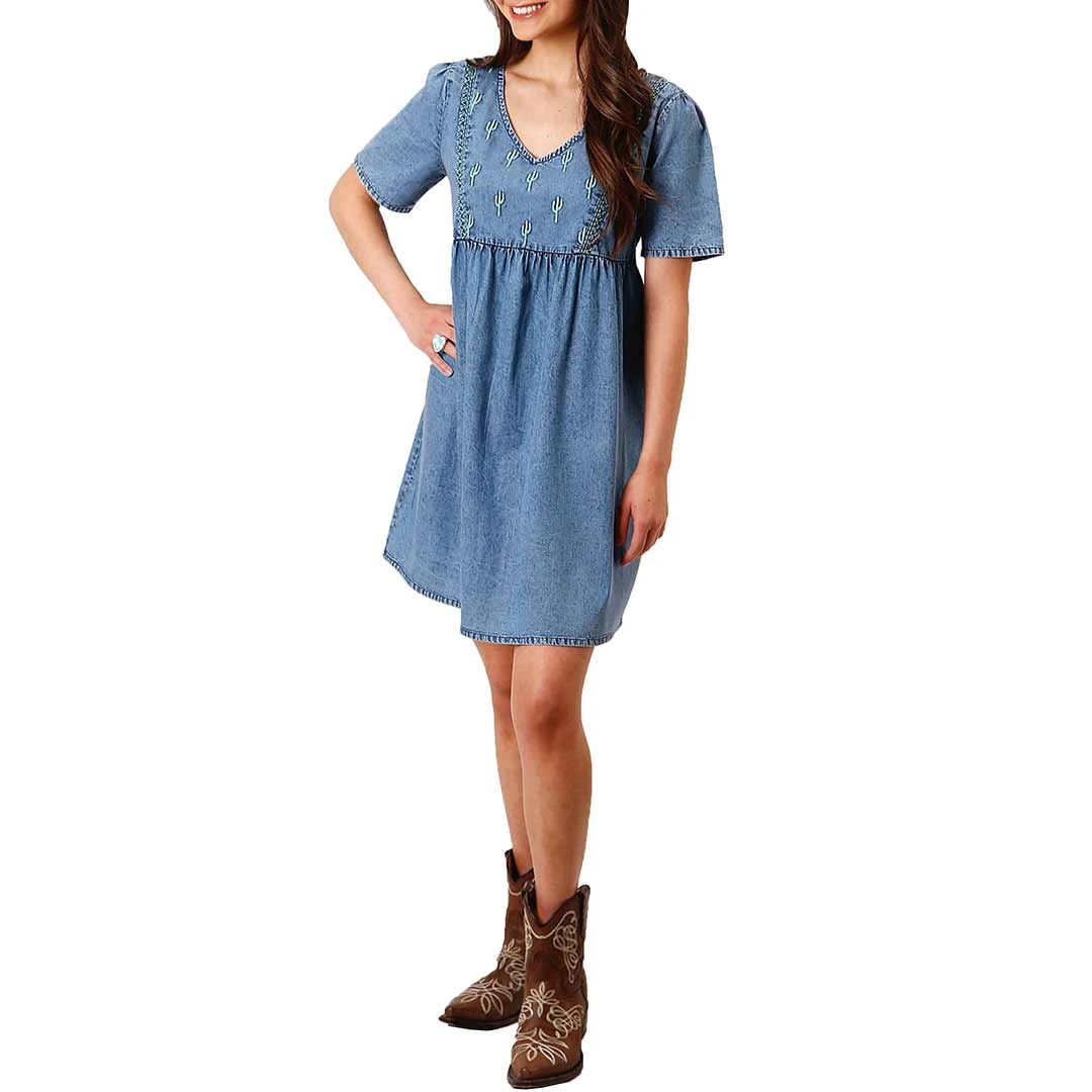 Roper Women's Cactus Embroidered Denim Mini Dress 3 Roper Women's Cactus Embroidered Denim Mini Dress