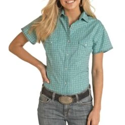 Rough Stock Women's Short Sleeve Medallion Print Snap Shirt