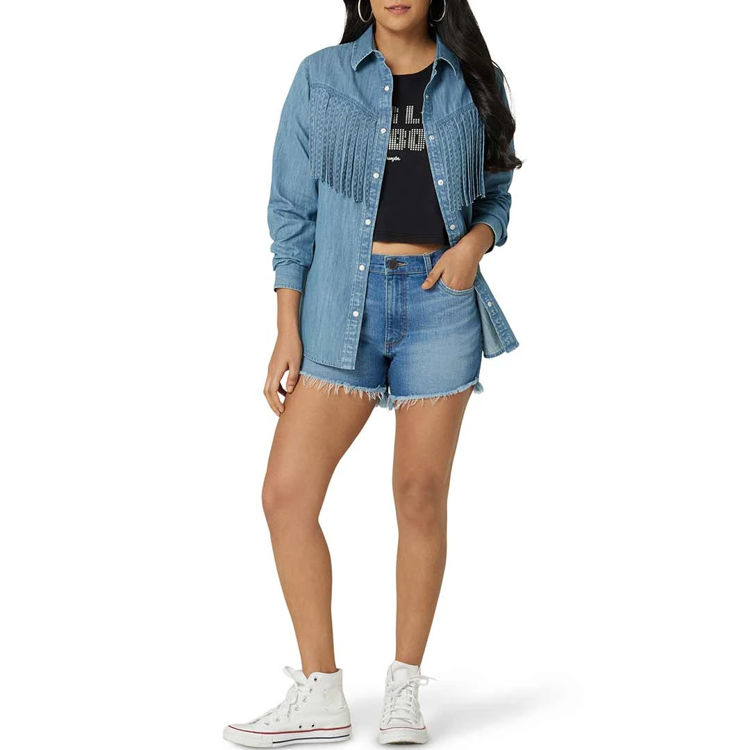 Wrangler Women's Fringe Front Denim Snap Shirt 6 Wrangler Women's Fringe Front Denim Snap Shirt - Image 4